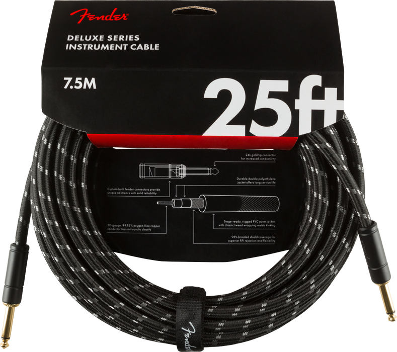 Fender Deluxe Series Instrument Cable, Straight/Straight, 25', Black Tweed