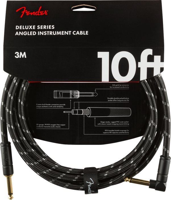 Fender Deluxe Series Instrument Cable, Straight/Angle 10ft/ 3m - Black Tweed
