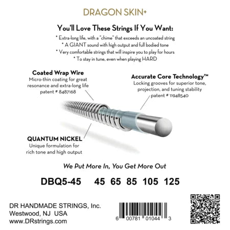 DR Strings Dragon Skin+ Coated Quantum Nickel Bass Guitar Strings 5-string 45-125 Light