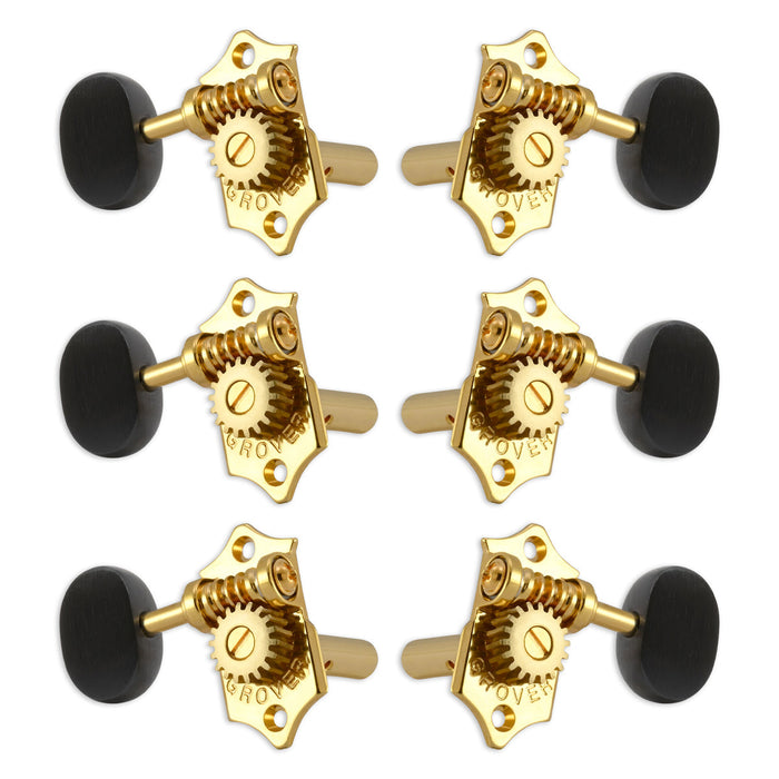 Grover STA-TITE Machineheads ~ 3+3 ~ Horizontal ~ Gold ~ Ebony Buttons