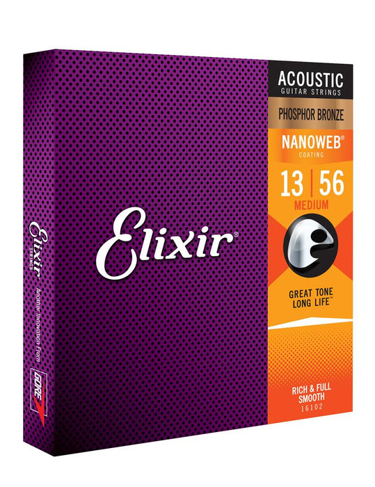 Elixir - Acoustic Strings Nanoweb Phosphor Bronze Medium 13-56 - Guitar Warehouse