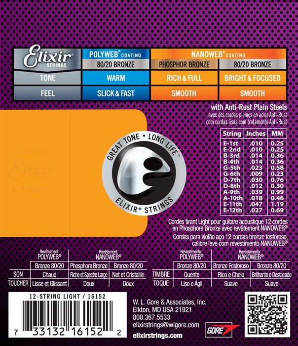 Elixir - 12-String Acoustic Strings Nanoweb Phosphor Bronze Light 10-47