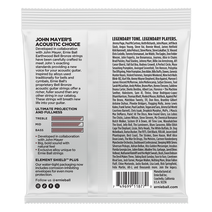 Ernie Ball Earthwood Bell Bronze Acoustic Guitar Strings Medium Light 12-54 - Designed w/John Mayer