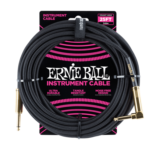 Ernie Ball Braided Instrument Cable - 25ft Black Straight to Angled - Guitar Warehouse
