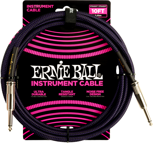 Ernie Ball Braided Cable P06393 - 10FT Purple/Black - Guitar Warehouse