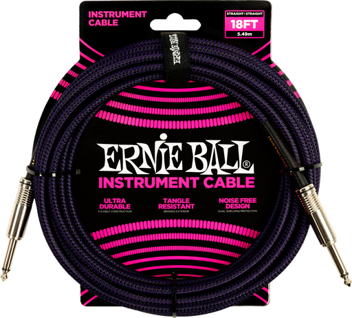 Ernie Ball Braided Cable P06395 - 18FT Purple/Black - Guitar Warehouse