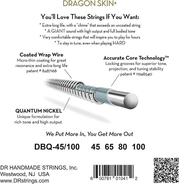 DR Strings Dragon Skin+ Coated Quantum Nickel 4 string Bass Guitar Strings 45-105 Medium