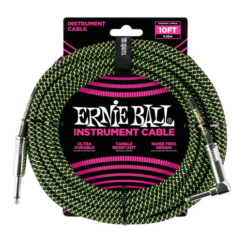 Ernie Ball Braided Cable P06077 - 10FT GREEN/ BLACK - Guitar Warehouse