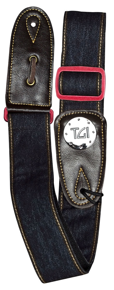 Woven Blue Denim Guitar Strap Red Buckle - Guitar Warehouse